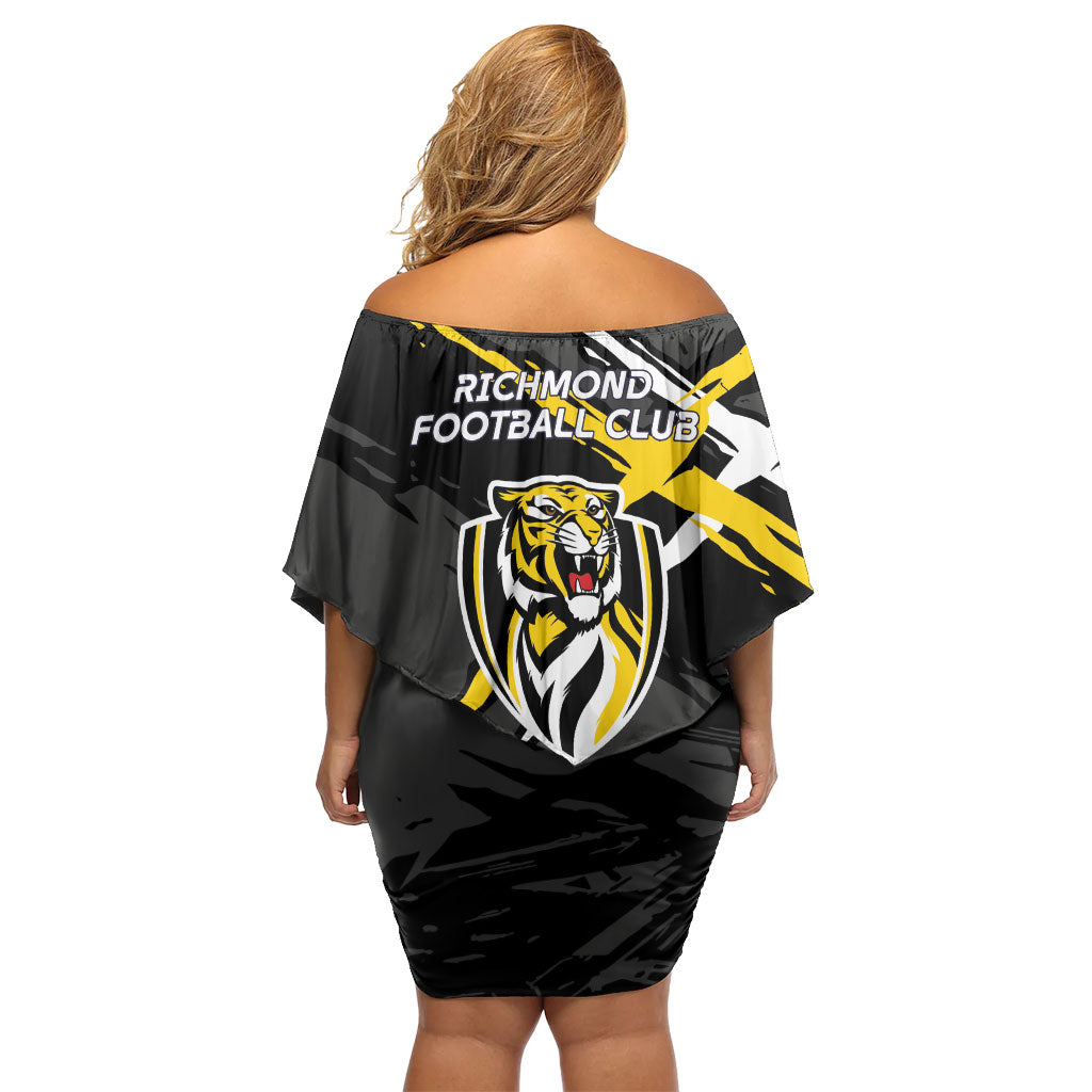Richmond Football Club Family Matching Off Shoulder Short Dress and Hawaiian Shirt Tigers Muscular Mascot Graphic - Abstract Paint Splatter Art