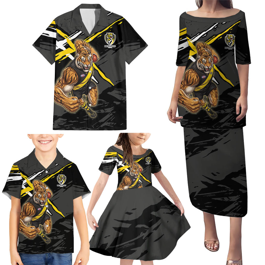 Richmond Football Club Family Matching Puletasi and Hawaiian Shirt Tigers Muscular Mascot Graphic - Abstract Paint Splatter Art