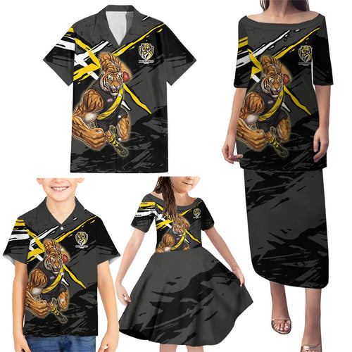 Richmond Football Club Family Matching Puletasi and Hawaiian Shirt Tigers Muscular Mascot Graphic - Abstract Paint Splatter Art
