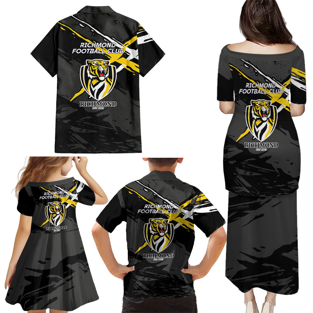 Richmond Football Club Family Matching Puletasi and Hawaiian Shirt Tigers Muscular Mascot Graphic - Abstract Paint Splatter Art