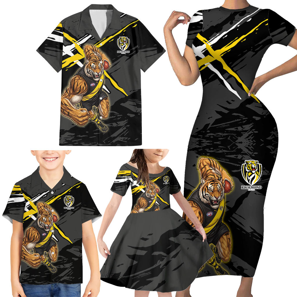 Richmond Football Club Family Matching Short Sleeve Bodycon Dress and Hawaiian Shirt Tigers Muscular Mascot Graphic - Abstract Paint Splatter Art