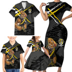 Richmond Football Club Family Matching Short Sleeve Bodycon Dress and Hawaiian Shirt Tigers Muscular Mascot Graphic - Abstract Paint Splatter Art