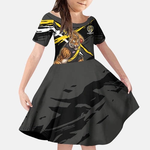 Richmond Football Club Family Matching Short Sleeve Bodycon Dress and Hawaiian Shirt Tigers Muscular Mascot Graphic - Abstract Paint Splatter Art