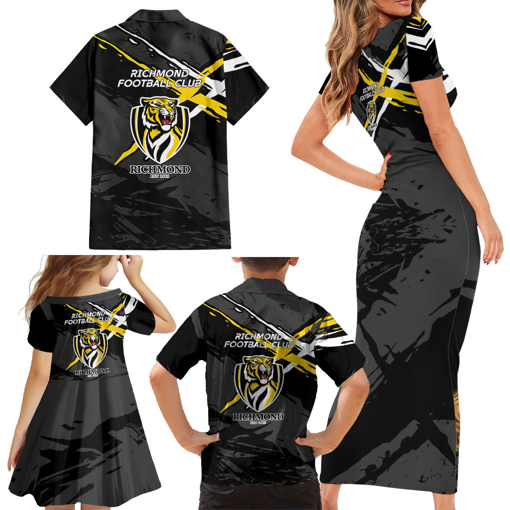Richmond Football Club Family Matching Short Sleeve Bodycon Dress and Hawaiian Shirt Tigers Muscular Mascot Graphic - Abstract Paint Splatter Art