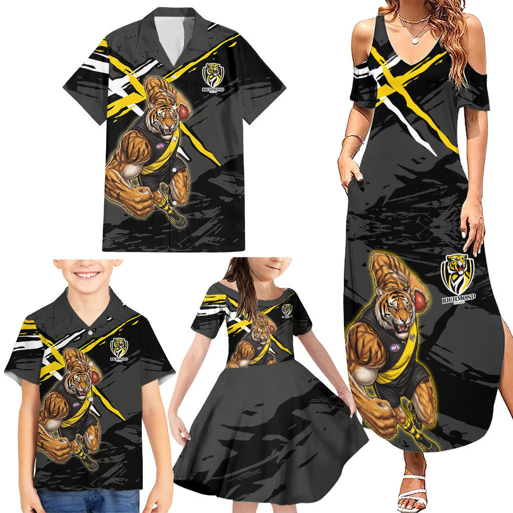 Richmond Football Club Family Matching Summer Maxi Dress and Hawaiian Shirt Tigers Muscular Mascot Graphic - Abstract Paint Splatter Art
