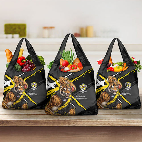 Richmond Football Club Grocery Bag Tigers Muscular Mascot Graphic - Abstract Paint Splatter Art