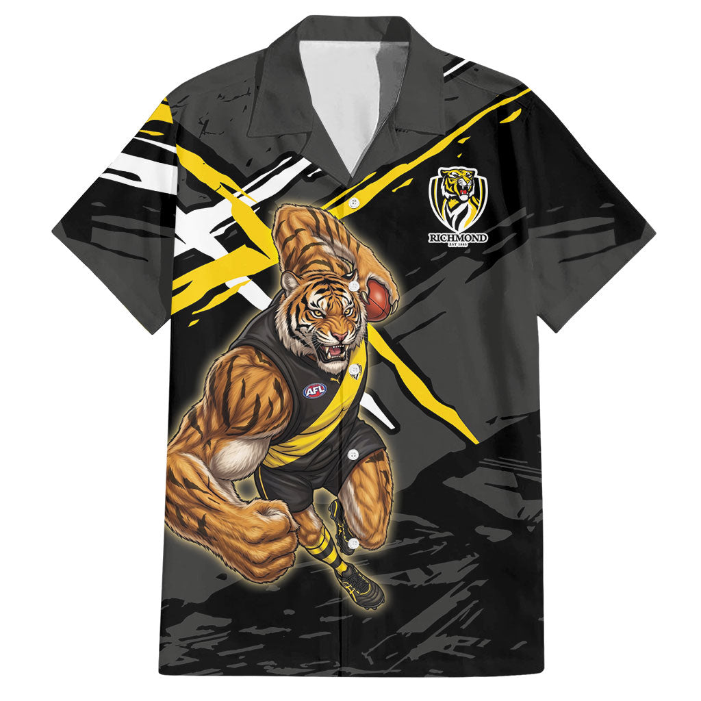 Richmond Football Club Hawaiian Shirt Tigers Muscular Mascot Graphic - Abstract Paint Splatter Art