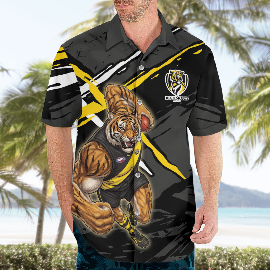 Richmond Football Club Hawaiian Shirt Tigers Muscular Mascot Graphic - Abstract Paint Splatter Art