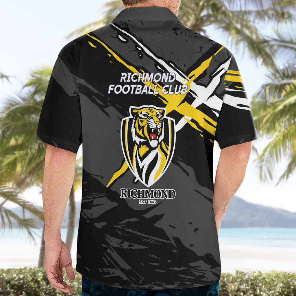 Richmond Football Club Hawaiian Shirt Tigers Muscular Mascot Graphic - Abstract Paint Splatter Art