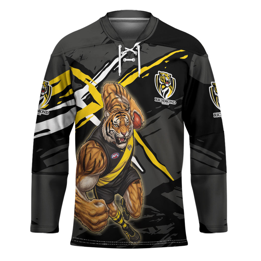 Richmond Football Club Hockey Jersey Tigers Muscular Mascot Graphic - Abstract Paint Splatter Art