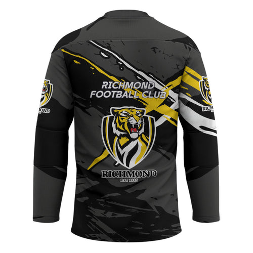 Richmond Football Club Hockey Jersey Tigers Muscular Mascot Graphic - Abstract Paint Splatter Art