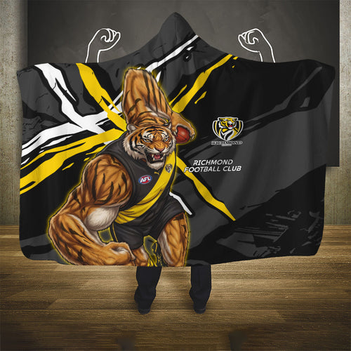 Richmond Football Club Hooded Blanket Tigers Muscular Mascot Graphic - Abstract Paint Splatter Art