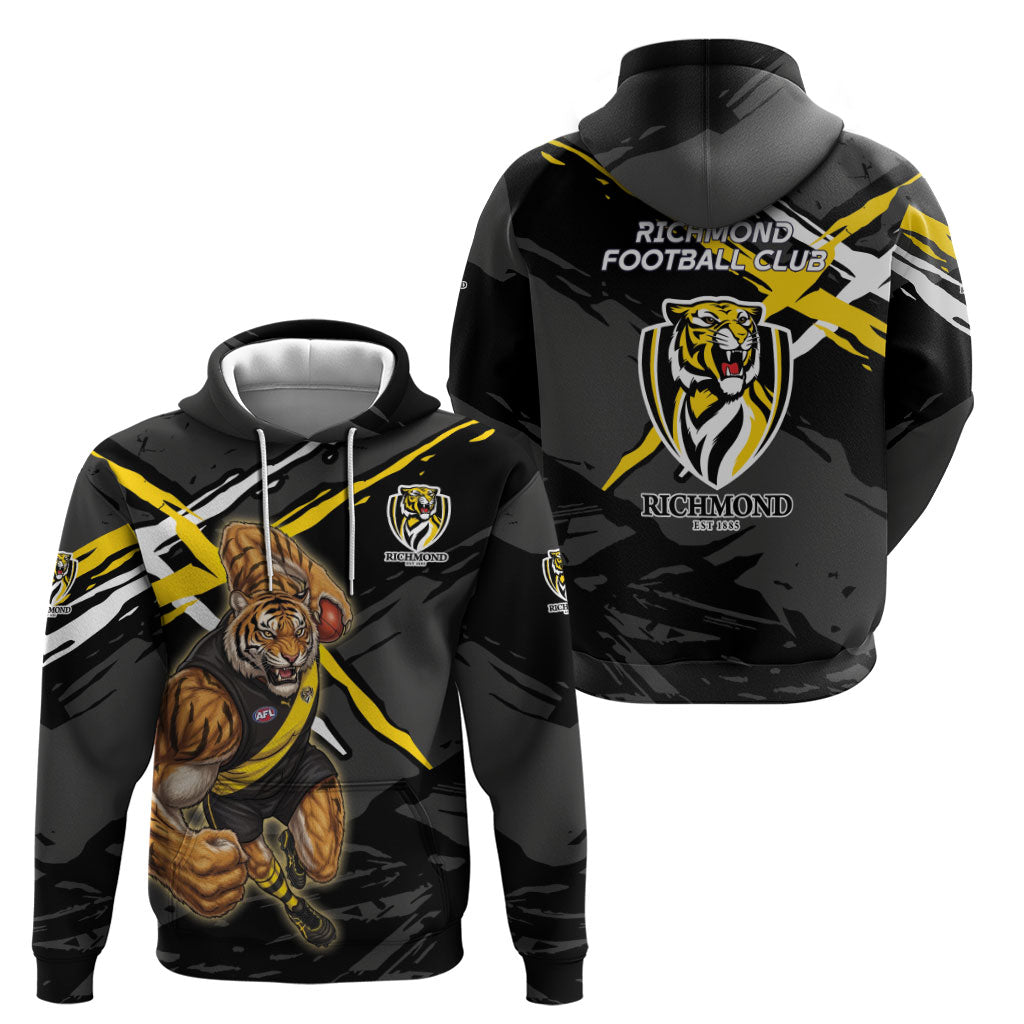 Richmond Football Club Hoodie Tigers Muscular Mascot Graphic - Abstract Paint Splatter Art