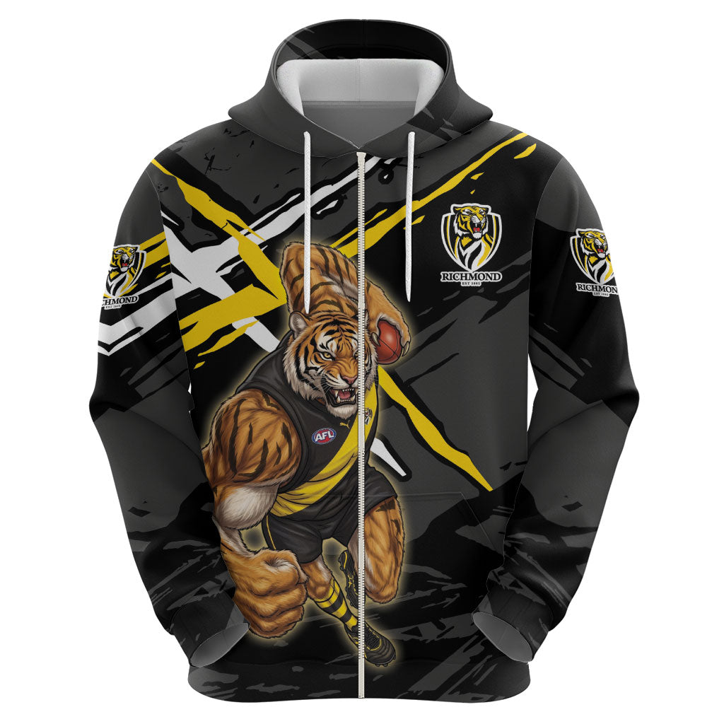Richmond Football Club Hoodie Tigers Muscular Mascot Graphic - Abstract Paint Splatter Art