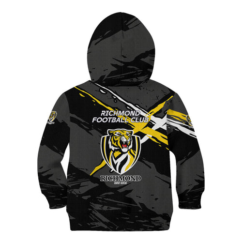 Richmond Football Club Kid Hoodie Tigers Muscular Mascot Graphic - Abstract Paint Splatter Art