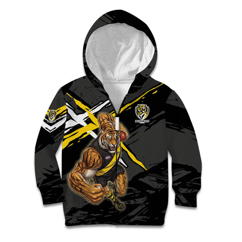 Richmond Football Club Kid Hoodie Tigers Muscular Mascot Graphic - Abstract Paint Splatter Art