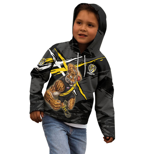 Richmond Football Club Kid Hoodie Tigers Muscular Mascot Graphic - Abstract Paint Splatter Art