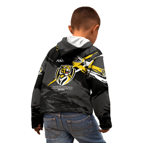 Richmond Football Club Kid Hoodie Tigers Muscular Mascot Graphic - Abstract Paint Splatter Art