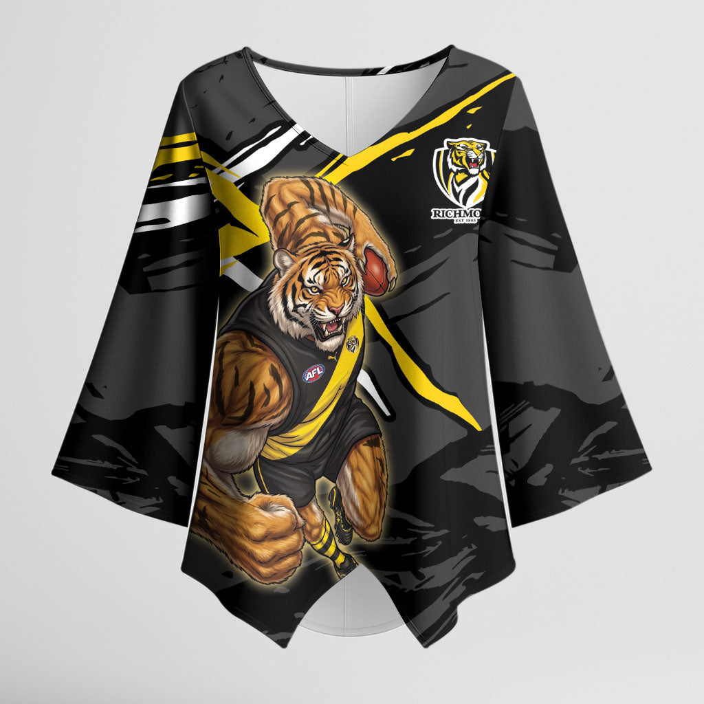 Richmond Football Club Kimono Sleeve Blouse Tigers Muscular Mascot Graphic - Abstract Paint Splatter Art
