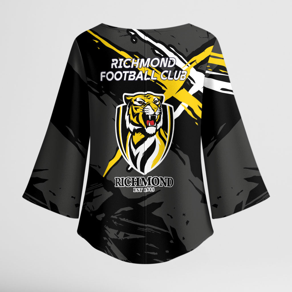 Richmond Football Club Kimono Sleeve Blouse Tigers Muscular Mascot Graphic - Abstract Paint Splatter Art