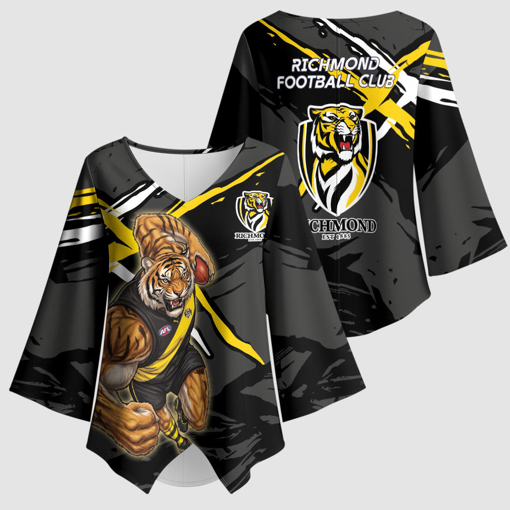 Richmond Football Club Kimono Sleeve Blouse Tigers Muscular Mascot Graphic - Abstract Paint Splatter Art