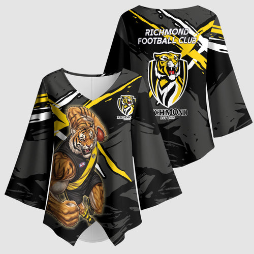 Richmond Football Club Kimono Sleeve Blouse Tigers Muscular Mascot Graphic - Abstract Paint Splatter Art