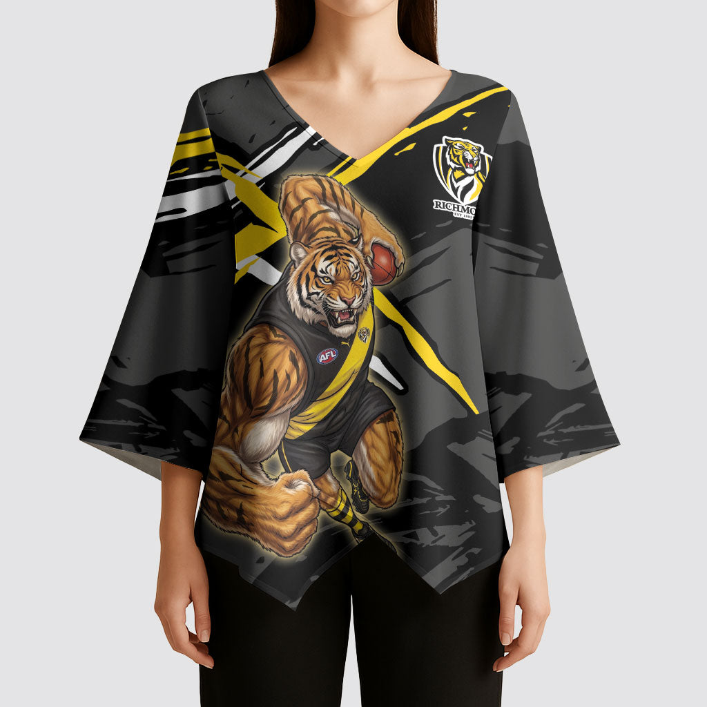 Richmond Football Club Kimono Sleeve Blouse Tigers Muscular Mascot Graphic - Abstract Paint Splatter Art
