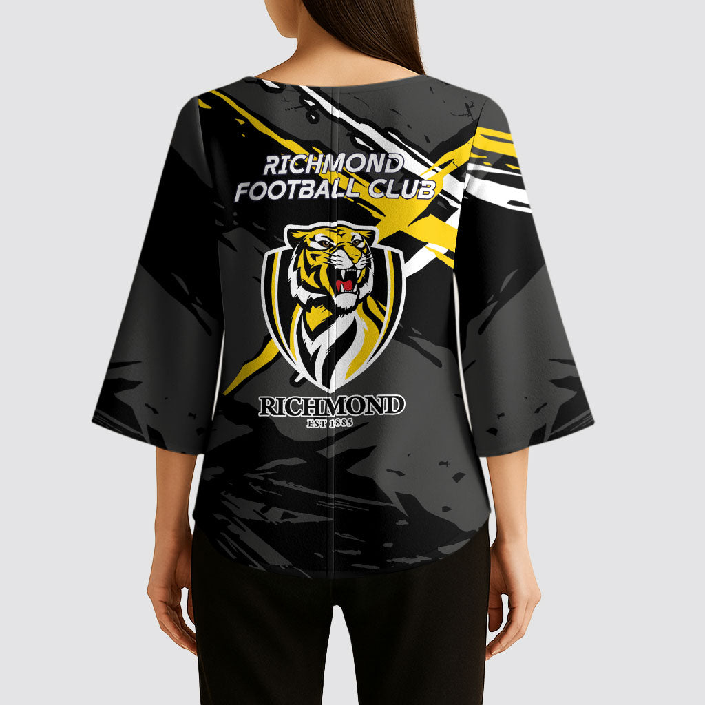 Richmond Football Club Kimono Sleeve Blouse Tigers Muscular Mascot Graphic - Abstract Paint Splatter Art