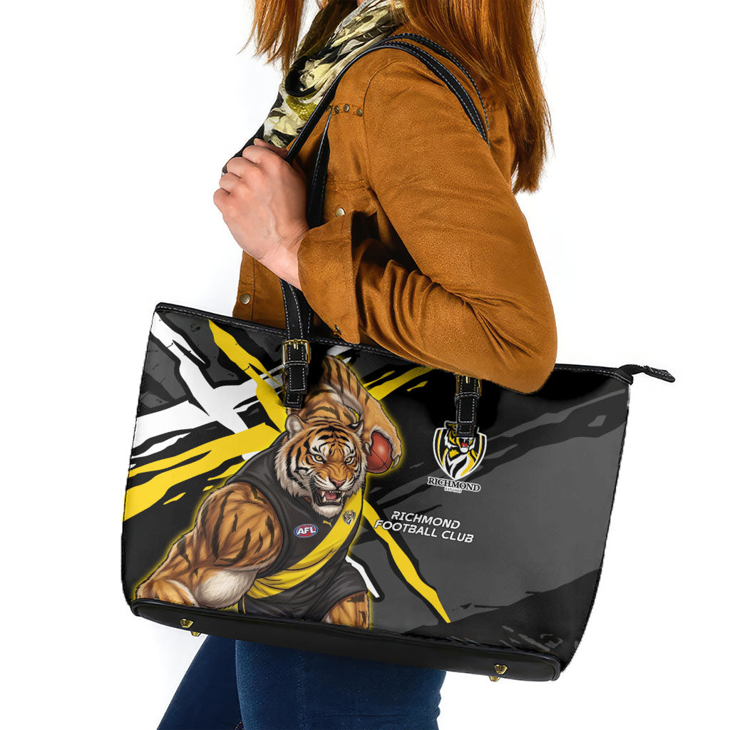 Richmond Football Club Leather Tote Bag Tigers Muscular Mascot Graphic - Abstract Paint Splatter Art
