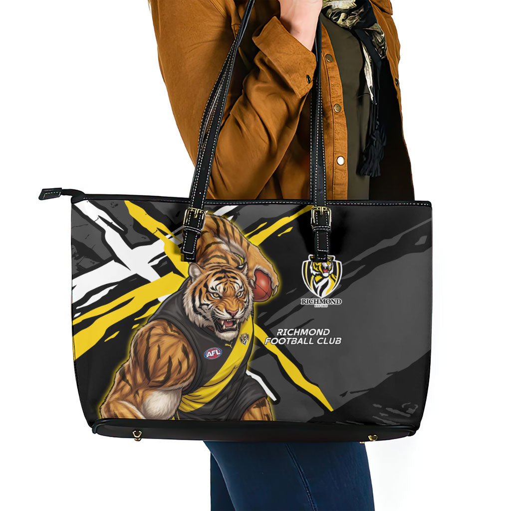 Richmond Football Club Leather Tote Bag Tigers Muscular Mascot Graphic - Abstract Paint Splatter Art