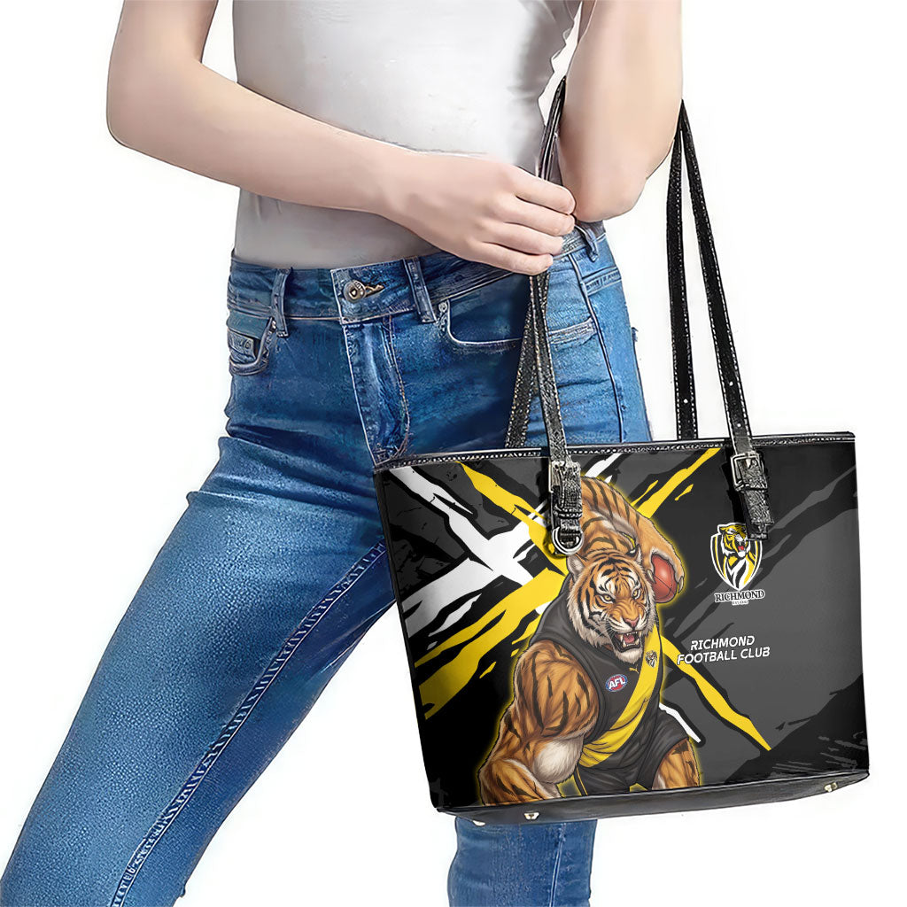 Richmond Football Club Leather Tote Bag Tigers Muscular Mascot Graphic - Abstract Paint Splatter Art