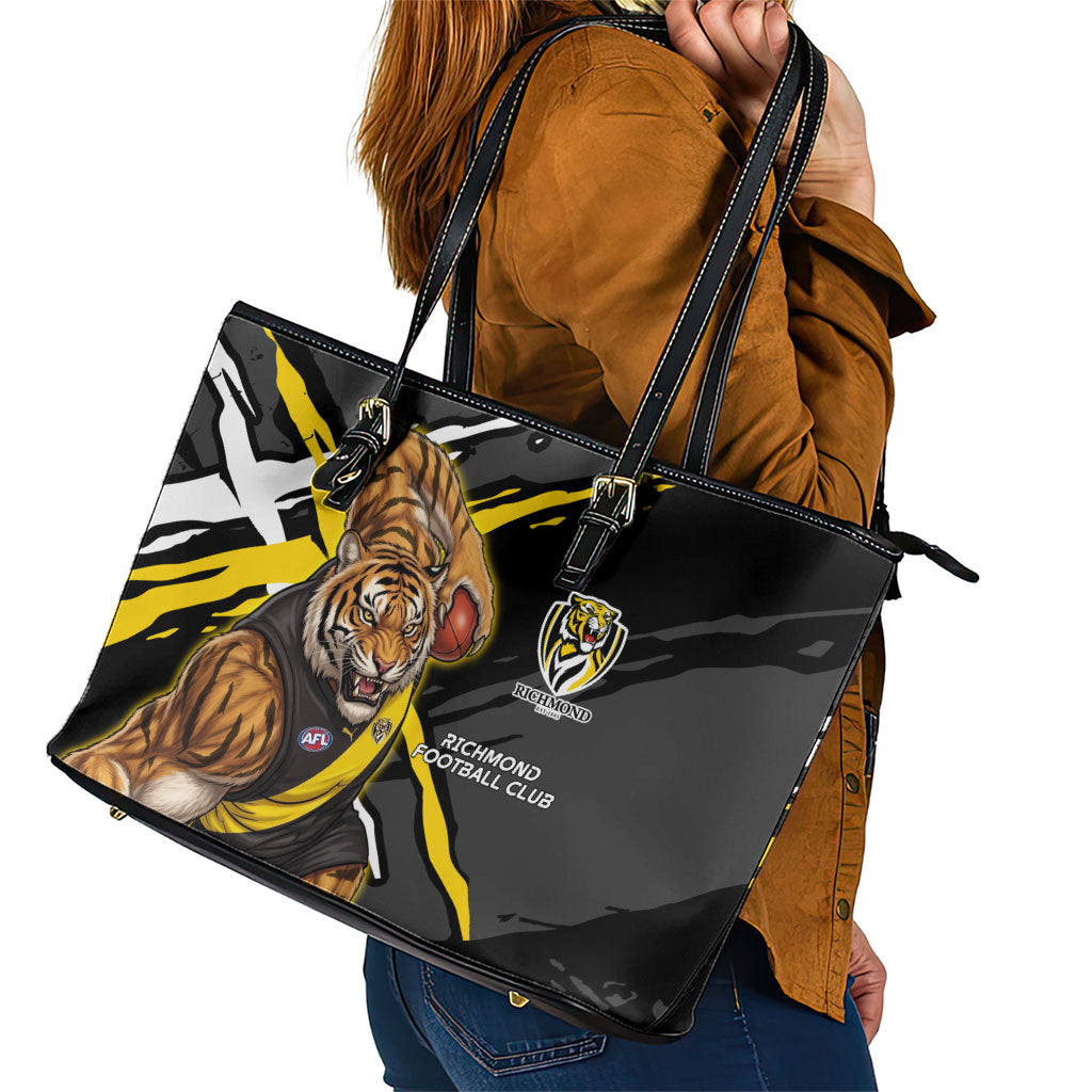 Richmond Football Club Leather Tote Bag Tigers Muscular Mascot Graphic - Abstract Paint Splatter Art