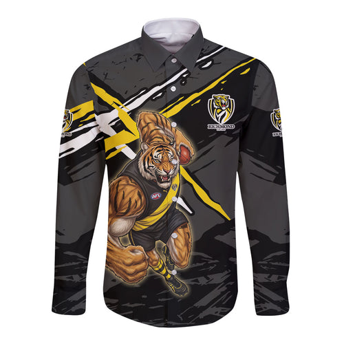 Richmond Football Club Long Sleeve Button Shirt Tigers Muscular Mascot Graphic - Abstract Paint Splatter Art