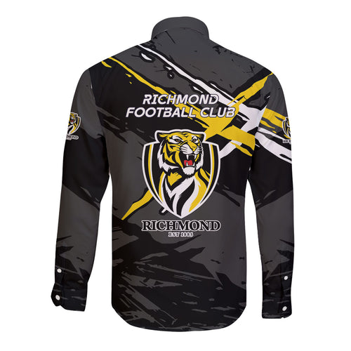 Richmond Football Club Long Sleeve Button Shirt Tigers Muscular Mascot Graphic - Abstract Paint Splatter Art