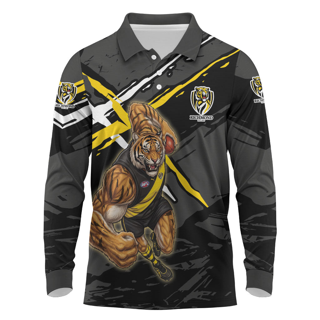 Richmond Football Club Long Sleeve Polo Shirt Tigers Muscular Mascot Graphic - Abstract Paint Splatter Art