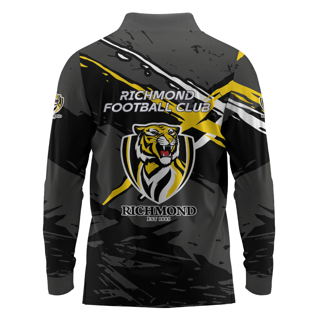 Richmond Football Club Long Sleeve Polo Shirt Tigers Muscular Mascot Graphic - Abstract Paint Splatter Art