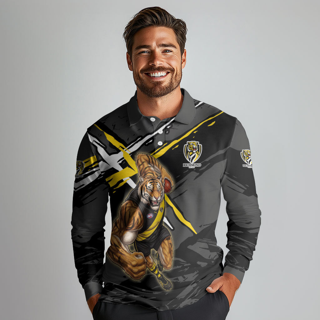 Richmond Football Club Long Sleeve Polo Shirt Tigers Muscular Mascot Graphic - Abstract Paint Splatter Art