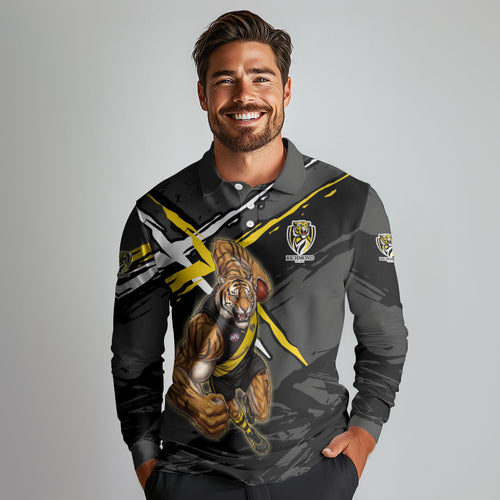 Richmond Football Club Long Sleeve Polo Shirt Tigers Muscular Mascot Graphic - Abstract Paint Splatter Art