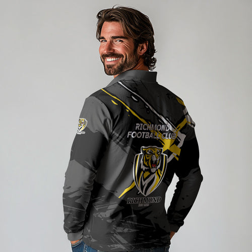 Richmond Football Club Long Sleeve Polo Shirt Tigers Muscular Mascot Graphic - Abstract Paint Splatter Art