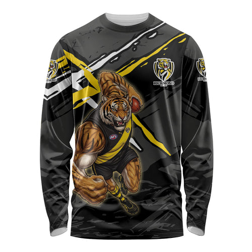 Richmond Football Club Long Sleeve Shirt Tigers Muscular Mascot Graphic - Abstract Paint Splatter Art