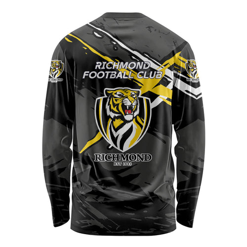 Richmond Football Club Long Sleeve Shirt Tigers Muscular Mascot Graphic - Abstract Paint Splatter Art