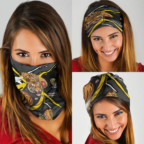 Richmond Football Club Neck Gaiter Tigers Muscular Mascot Graphic - Abstract Paint Splatter Art