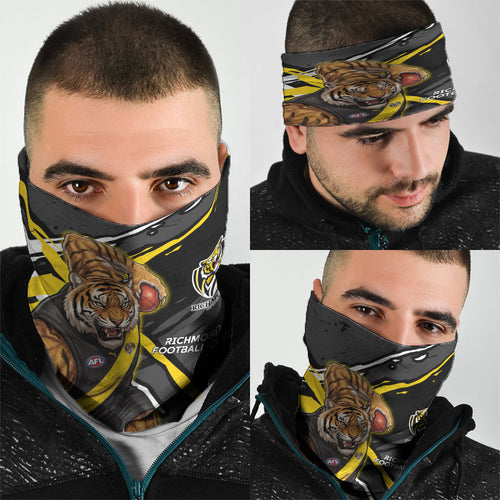 Richmond Football Club Neck Gaiter Tigers Muscular Mascot Graphic - Abstract Paint Splatter Art