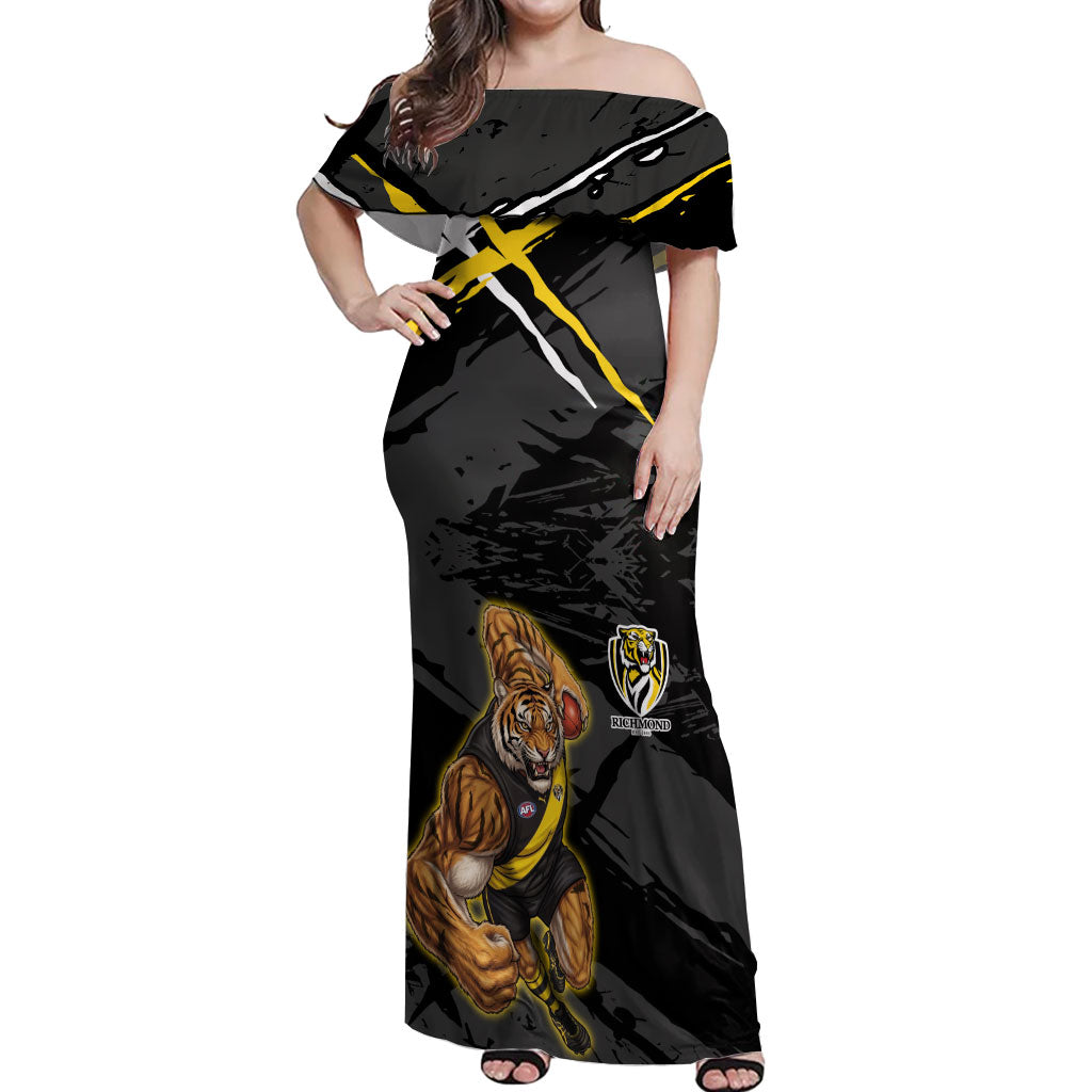 Richmond Football Club Off Shoulder Maxi Dress Tigers Muscular Mascot Graphic - Abstract Paint Splatter Art