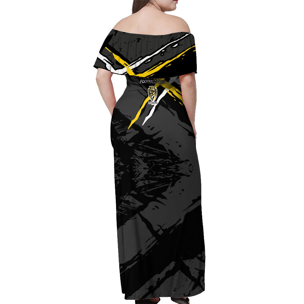 Richmond Football Club Off Shoulder Maxi Dress Tigers Muscular Mascot Graphic - Abstract Paint Splatter Art