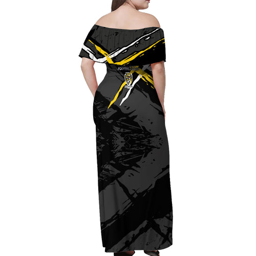 Richmond Football Club Off Shoulder Maxi Dress Tigers Muscular Mascot Graphic - Abstract Paint Splatter Art