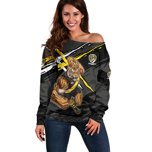 Richmond Football Club Off Shoulder Sweater Tigers Muscular Mascot Graphic - Abstract Paint Splatter Art