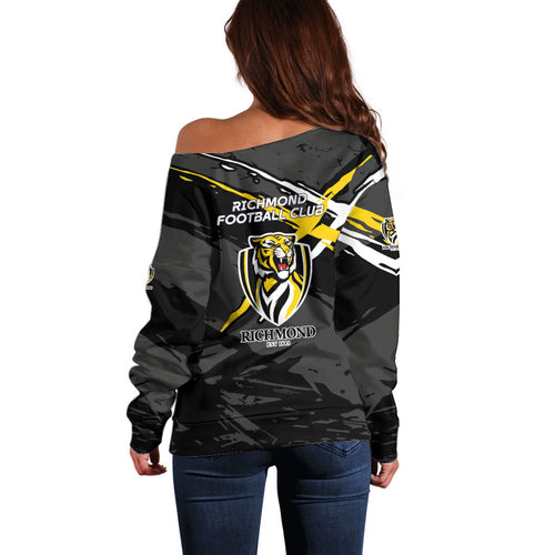 Richmond Football Club Off Shoulder Sweater Tigers Muscular Mascot Graphic - Abstract Paint Splatter Art