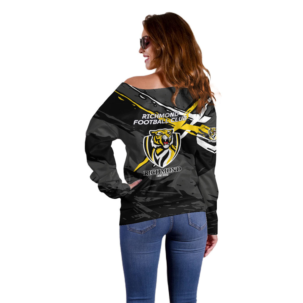 Richmond Football Club Off Shoulder Sweater Tigers Muscular Mascot Graphic - Abstract Paint Splatter Art