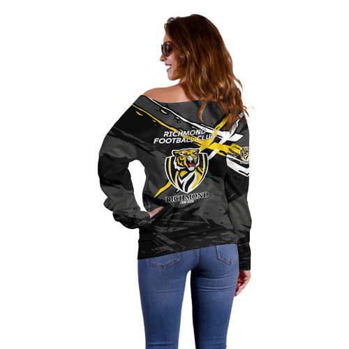 Richmond Football Club Off Shoulder Sweater Tigers Muscular Mascot Graphic - Abstract Paint Splatter Art